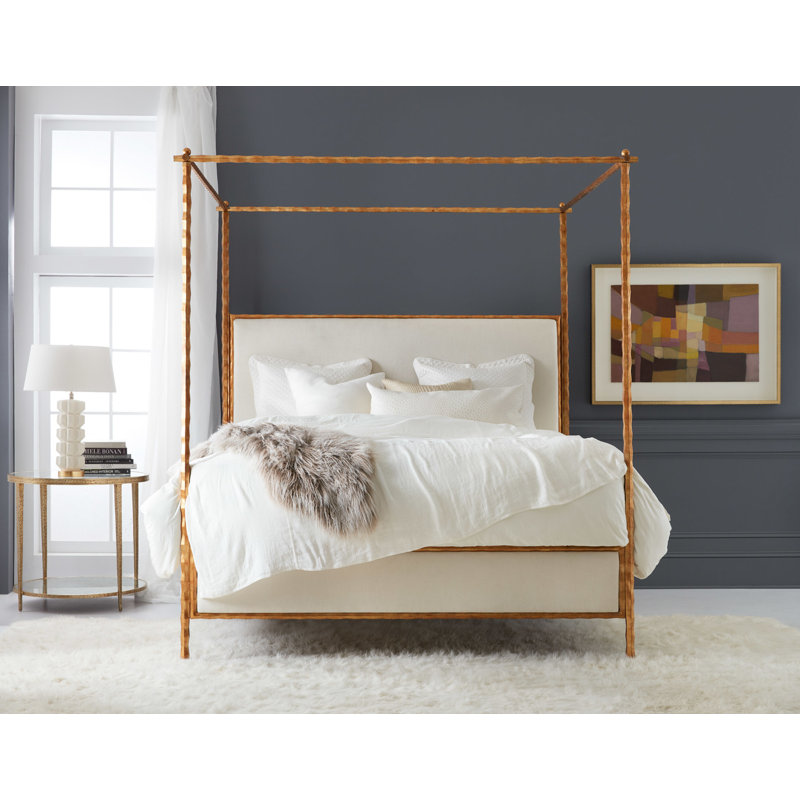 Upholstered Metal Canopy Bed King Gold Leaf
